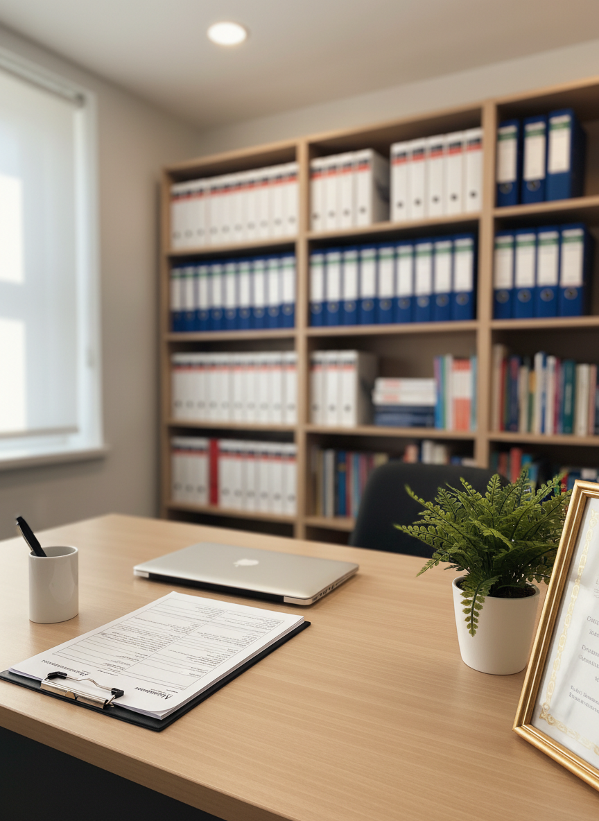 A neat psychologist’s desk setup in a professional office at a family therapy centre, featuring a smooth light-wood desk with a closed laptop, a tidy stack of assessment forms, a pen in a simple holder, and a small framed certificate partially in view at the edge. A green plant in a white ceramic pot adds life to the scene. Behind, a tall bookcase with organised binders and psychology books is softly blurred. Natural daylight from an unseen window mixes with warm overhead lighting, creating balanced, even illumination. Photographic realism with a slightly elevated angle, conveying professionalism, organisation, and reliability without feeling sterile.
