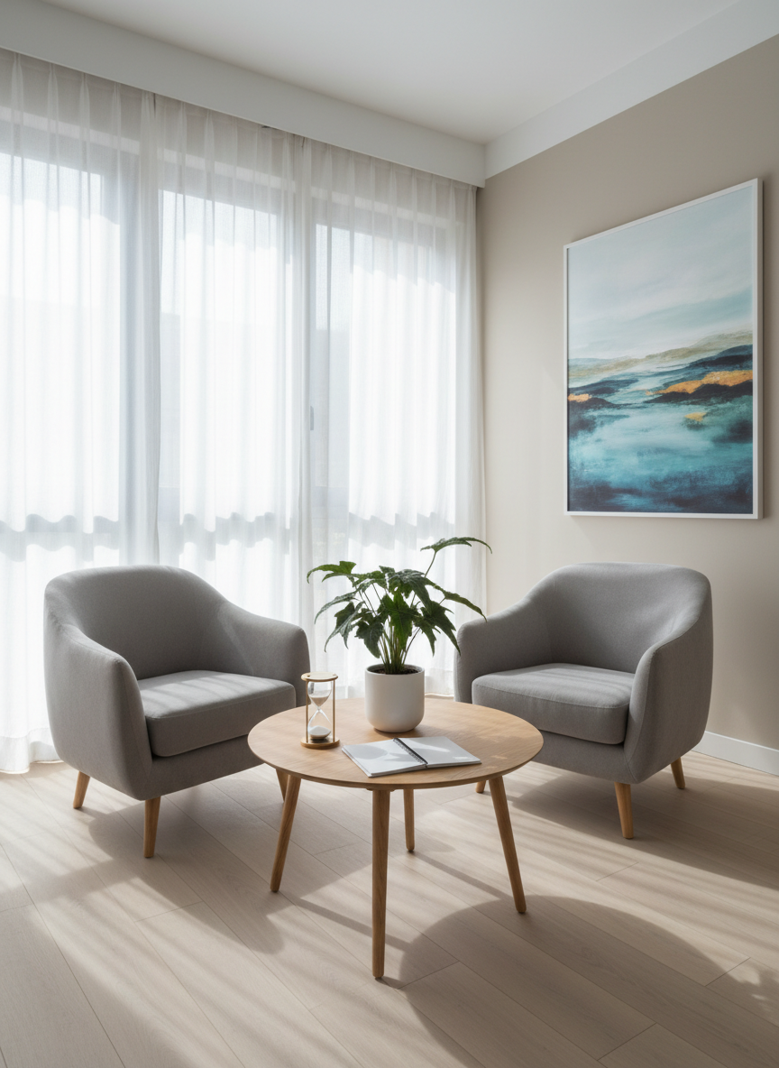 A calm, contemporary therapy consultation room designed for a psychology and family therapy centre in Cambrils, with a pair of soft grey fabric armchairs facing each other around a small, light oak coffee table. On the table, there is a neat stack of blank notepads, a sand timer, and a simple ceramic plant pot with a green leafy plant. Large windows with sheer white curtains let in diffused Mediterranean daylight, casting gentle, natural shadows on the pale wooden floor. The walls are light beige with a single abstract landscape print. Photographic realism, eye-level composition, sharp focus, clean and professional mood, conveying trust, confidentiality, and calm.