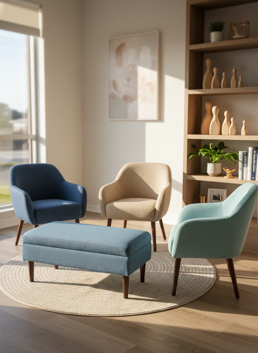A wide, photographic view of a welcoming family therapy space without people, featuring a semicircle of three differently sized armchairs and a low, cushioned bench in muted blues and soft neutrals, arranged around a light wood rug. On a nearby shelf, wooden figurines representing different family members stand together beside a few carefully arranged psychology books. Warm afternoon light enters through a large window, creating a gentle glow and soft shadows. The composition follows the rule of thirds, with a shallow depth of field subtly blurring the far wall. The atmosphere feels supportive, safe, and family-oriented, suitable for couples, children, and adolescents.
