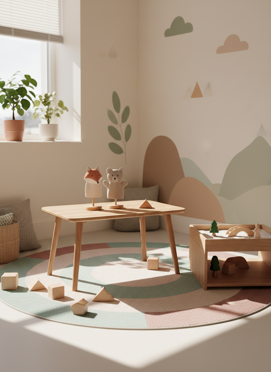 A cosy child and adolescent therapy corner in a psychology centre, shown without any people, with a low round rug in soft pastel tones, a small wooden table, and a few open-ended toys such as wooden blocks, neutral-toned hand puppets resting on a stand, and a simple sand tray on a side shelf. The walls are painted in a warm off-white with minimalist, non-distracting illustrations of nature. Soft, diffused daylight from a side window creates gentle highlights and subtle shadows, giving the space a safe, playful, yet therapeutic atmosphere. Photographic realism, eye-level composition, inviting and child-friendly without feeling like a classroom.