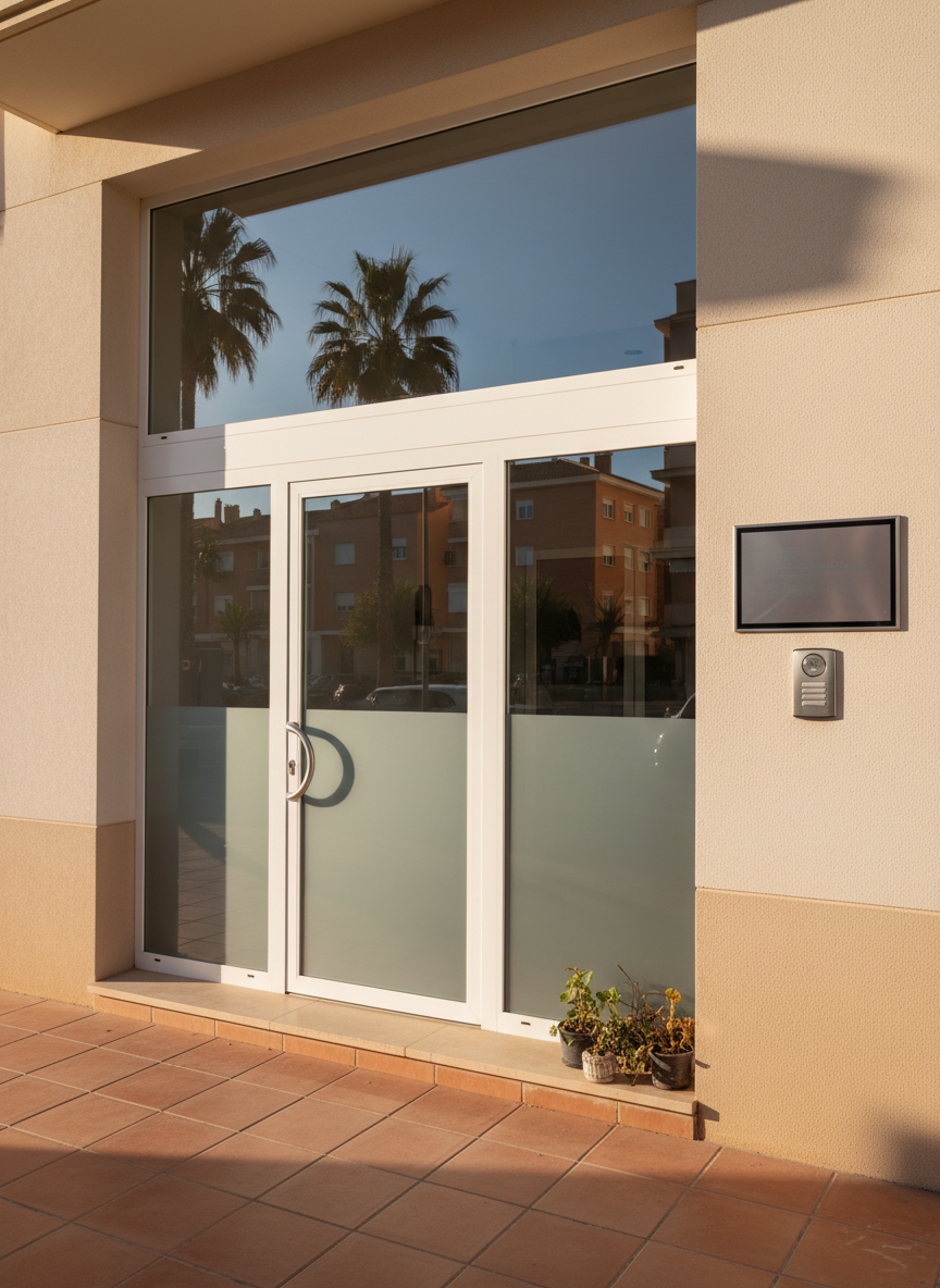 An exterior street-level view of a discreet psychology and family therapy centre in Cambrils, showing a modern building façade with a large, clean glass door and wide front window. Frosted lower panels suggest privacy, while the upper clear glass reflects a sunlit Mediterranean street with palm trees and nearby buildings in soft blur. Next to the entrance, a sleek metal plaque and a subtle doorbell hint at contact information and credentials without readable text. Captured in warm late afternoon light with natural shadows along the pavement, the photographic, wide-angle composition feels approachable, professional, and easy to locate for new clients.
